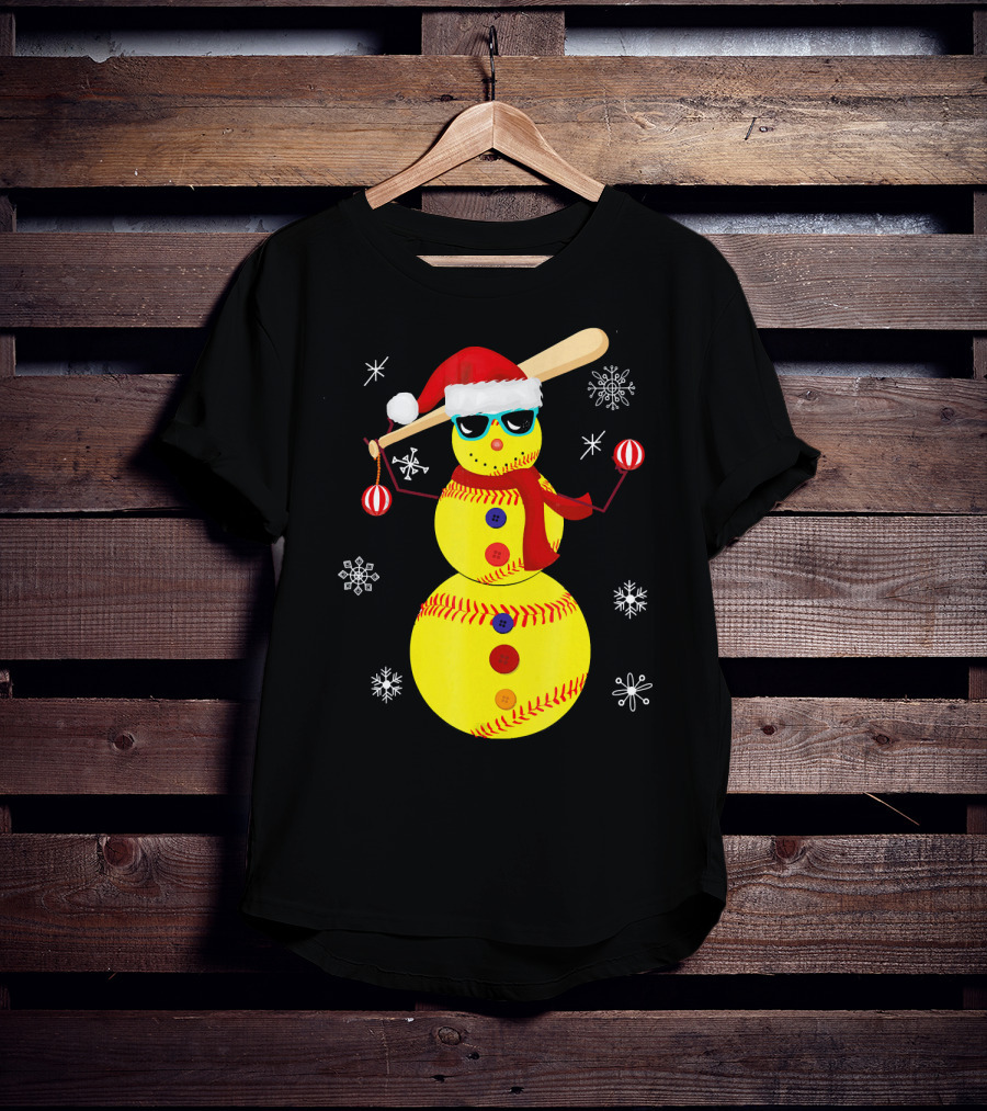 Christmas Softball Snowman With Bat And Santa Hat T-Shirt