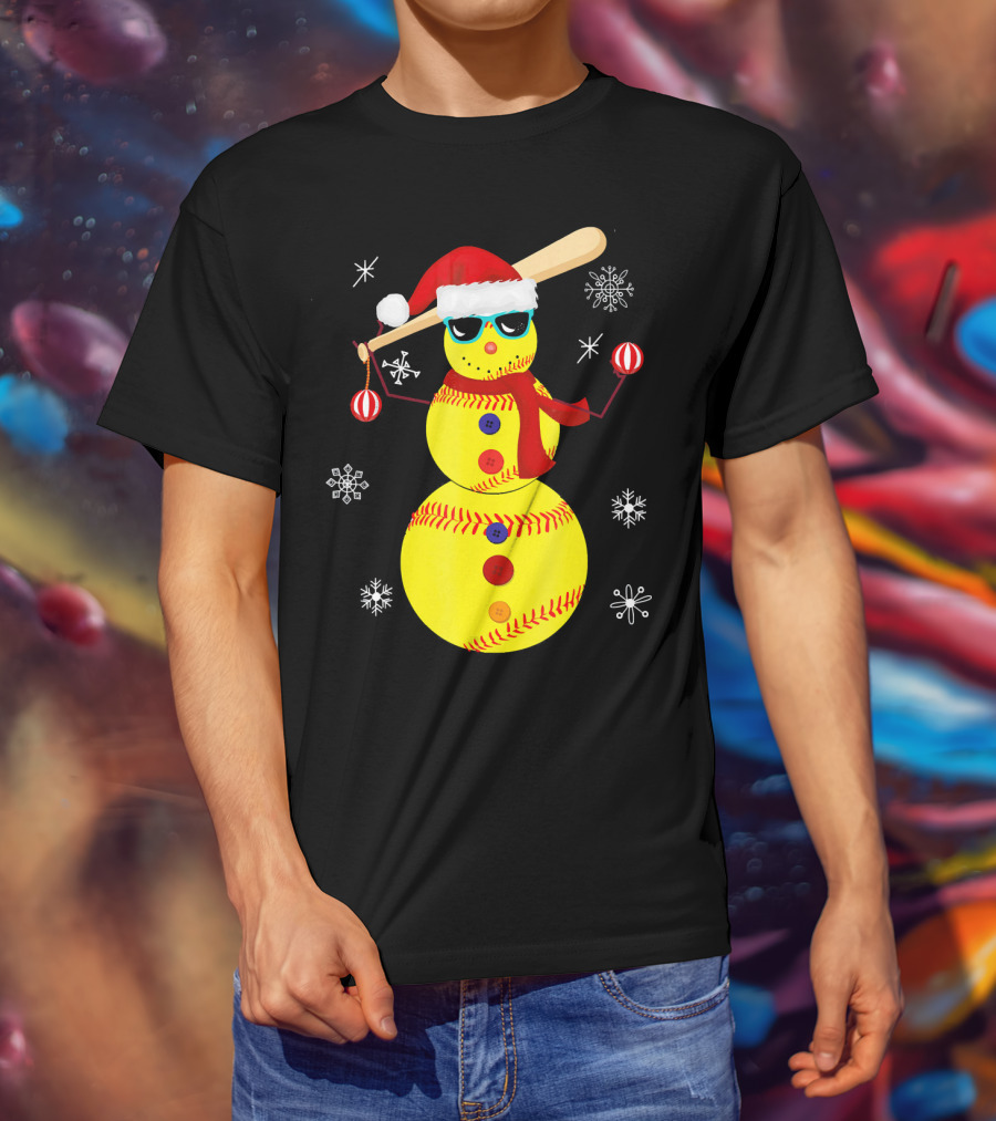 Christmas Softball Snowman With Bat And Santa Hat T-Shirt
