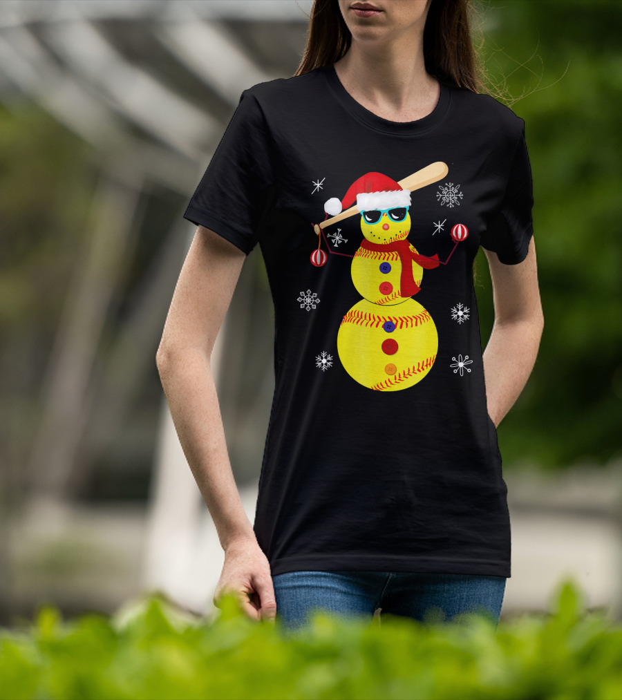 Christmas Softball Snowman With Bat And Santa Hat T-Shirt