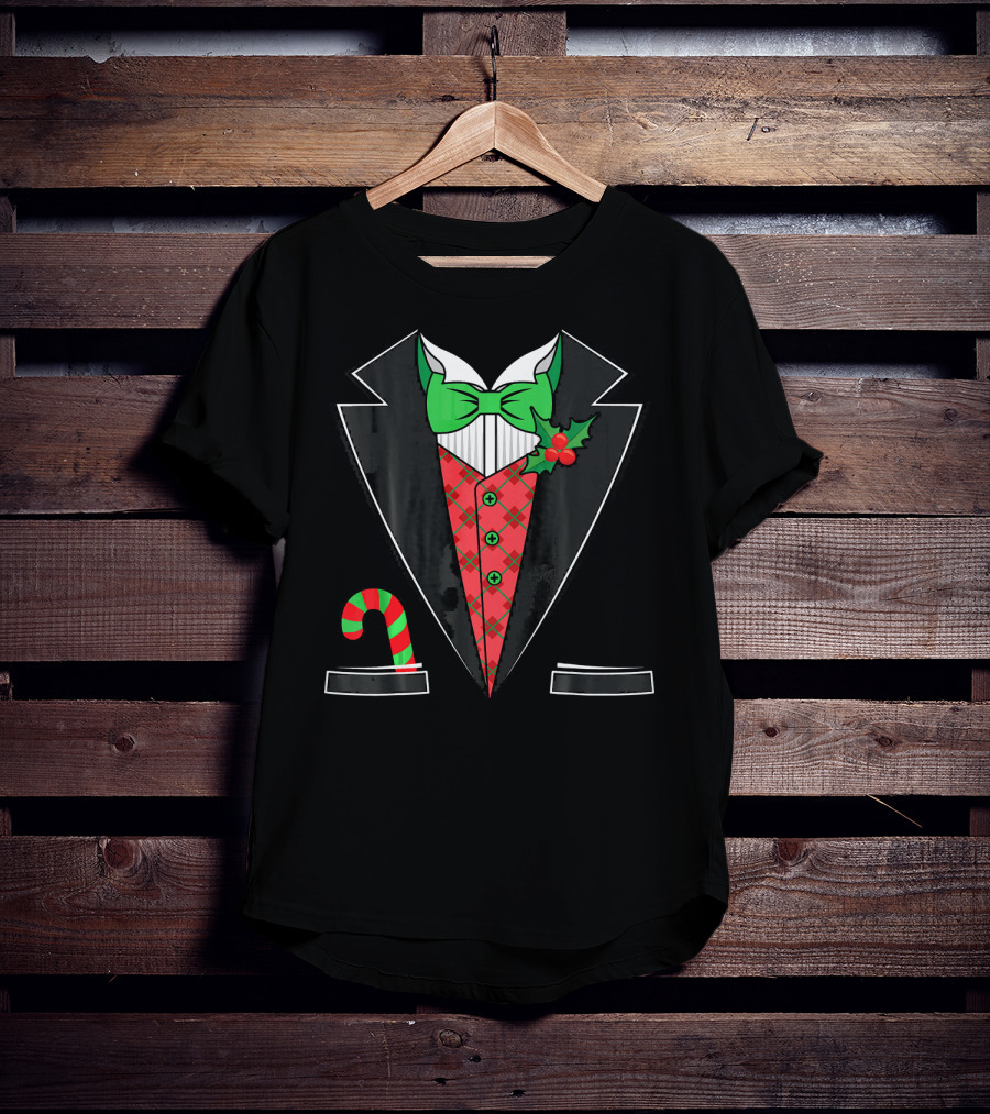 Christmas Tuxedo With Candy Cane Pattern And Festive Bow Tie T-Shirt