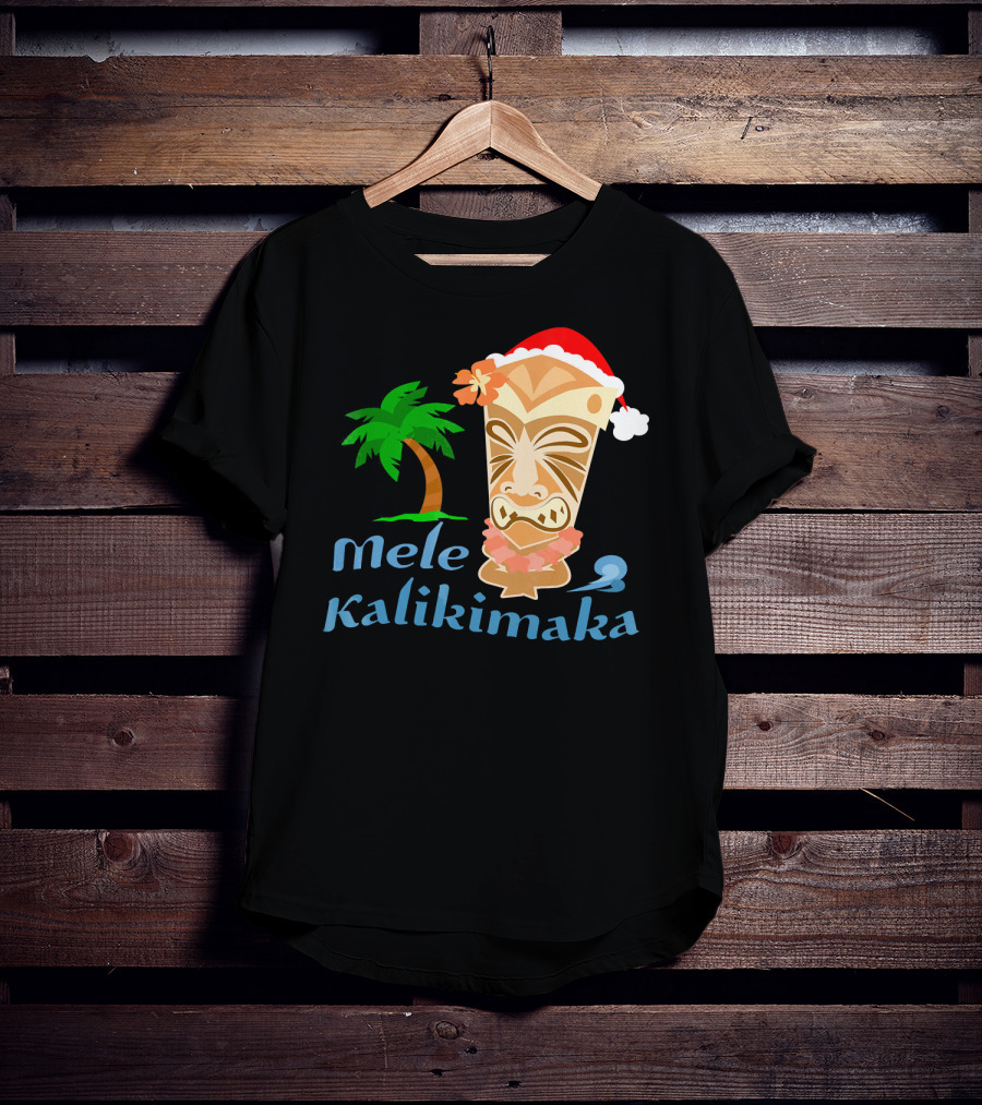 Mele Kalikimaka Hawaiian Christmas Tiki With Palm Tree And Santa Hat T-Shirt