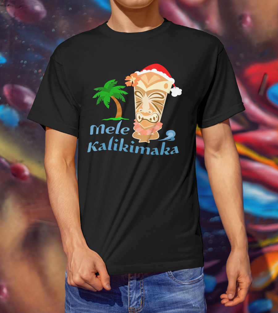 Mele Kalikimaka Hawaiian Christmas Tiki With Palm Tree And Santa Hat T-Shirt