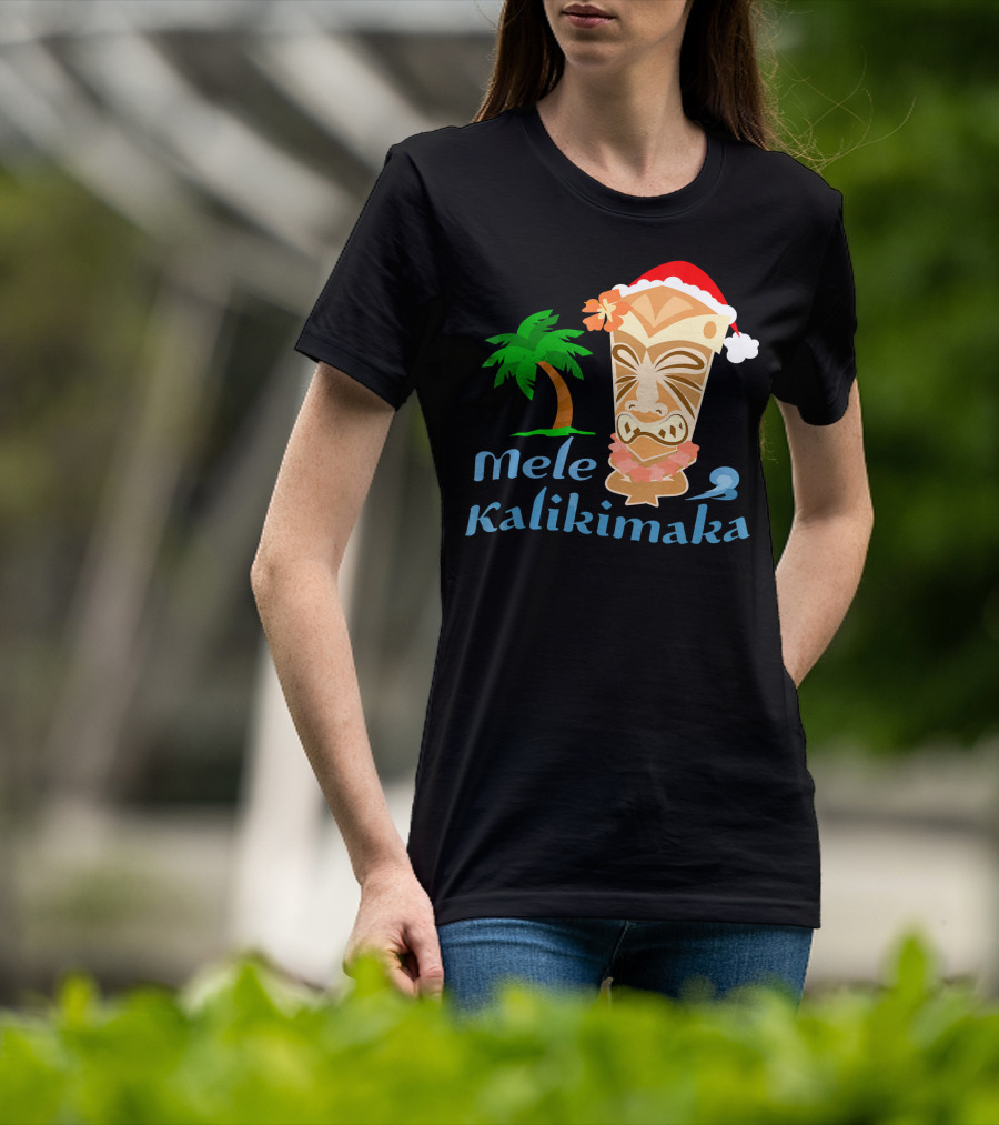 Mele Kalikimaka Hawaiian Christmas Tiki With Palm Tree And Santa Hat T-Shirt