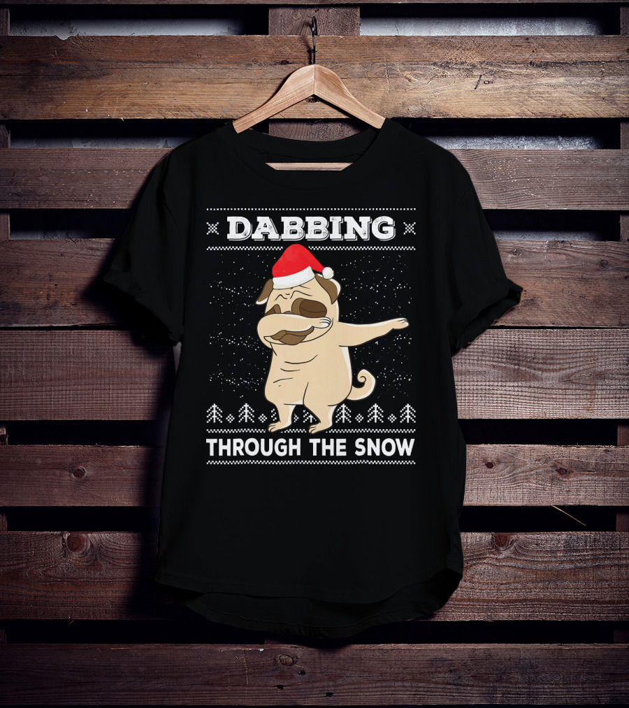 Dabbing Pug Through The Snow Santa Hat T-Shirt