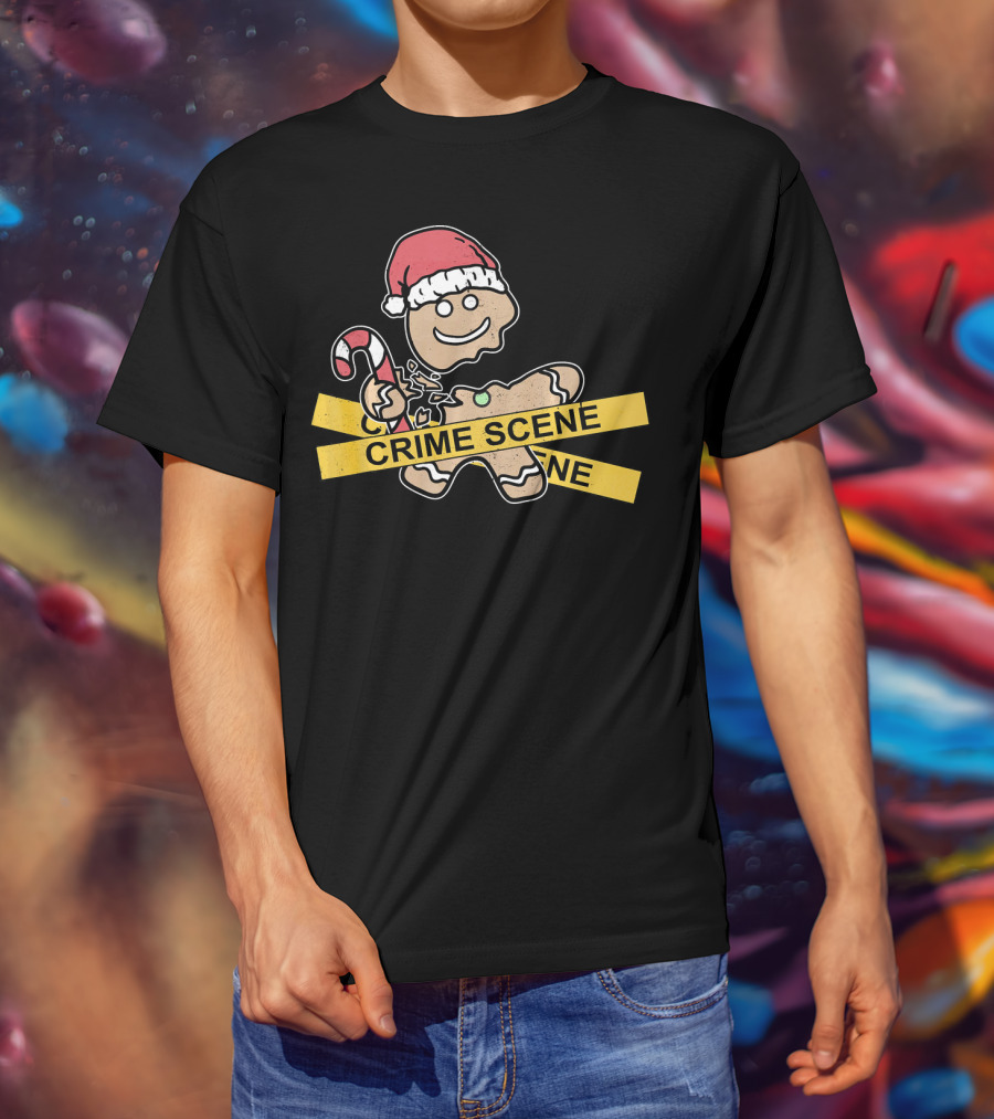 Gingerbread Cookie Crime Scene Santa Hat Candy Cane Christmas T-Shirt