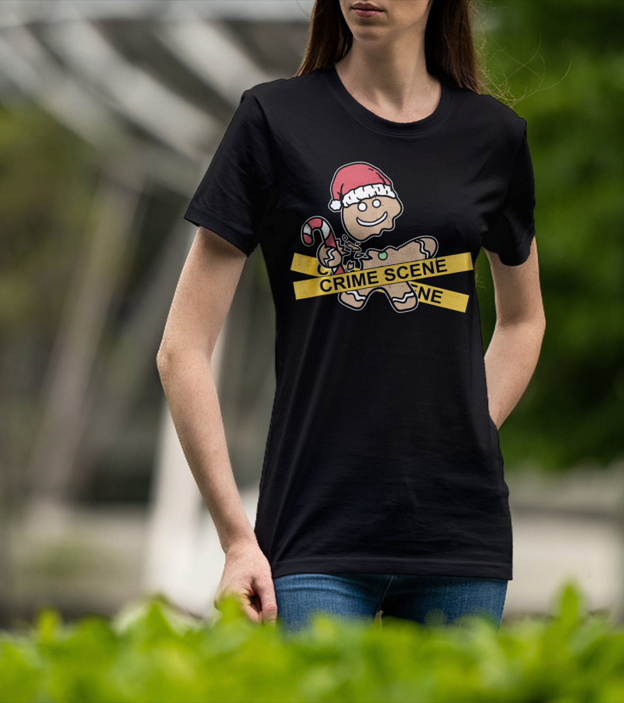 Gingerbread Cookie Crime Scene Santa Hat Candy Cane Christmas T-Shirt
