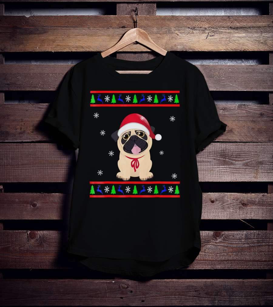 Christmas Santa Hat Pug Snowflakes Trees Reindeer T-Shirt