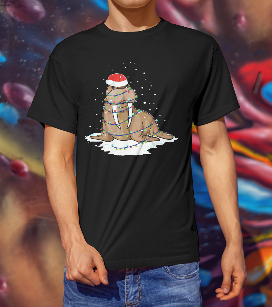 Walrus Wrapped In Christmas Lights With Santa Hat On Snow T-Shirt