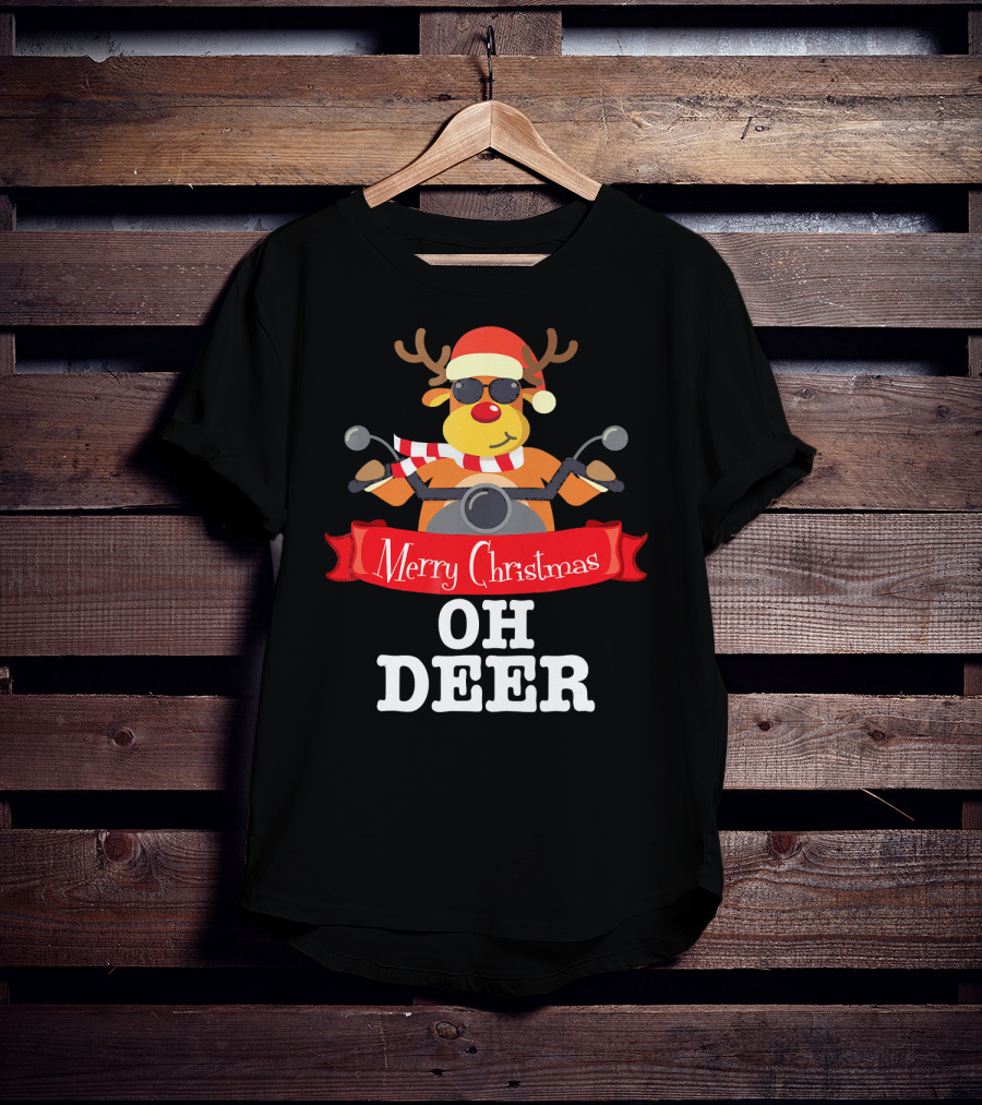 Merry Christmas Oh Deer Reindeer Motorcycle Santa Hat T-Shirt