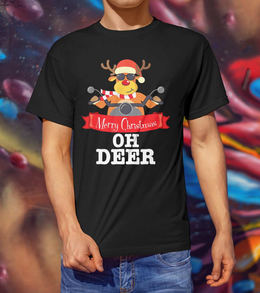 Merry Christmas Oh Deer Reindeer Motorcycle Santa Hat T-Shirt