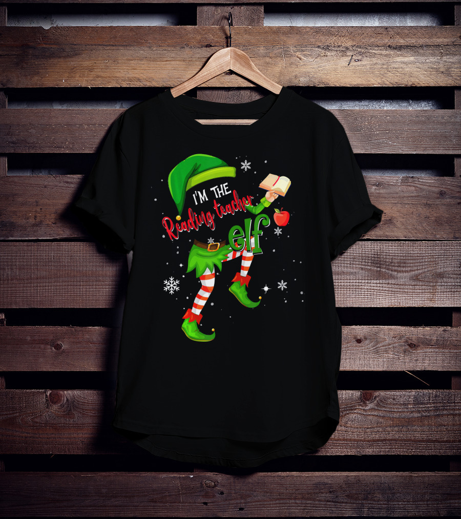 I'm The Reading Teacher Elf Holding Book Apple Wearing Elf Outfit Snowflakes T-Shirt