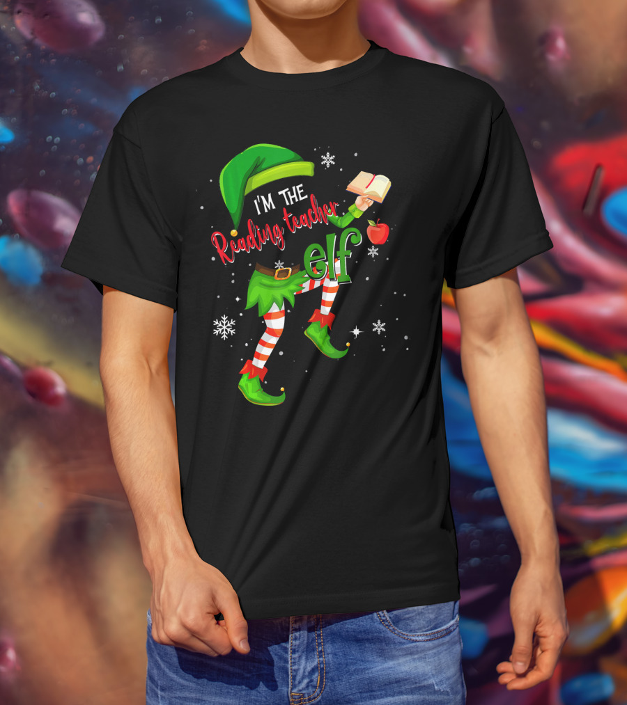 I'm The Reading Teacher Elf Holding Book Apple Wearing Elf Outfit Snowflakes T-Shirt