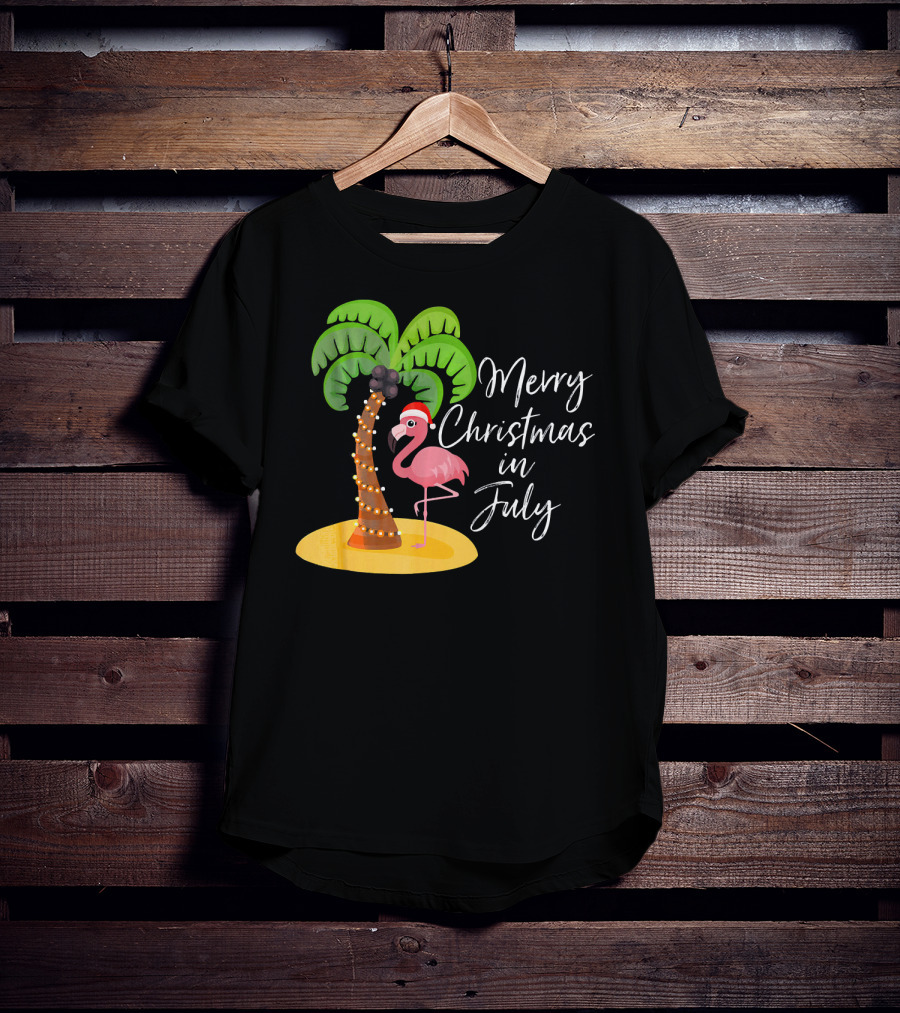 Merry Christmas In July Flamingo And Palm Tree T-Shirt