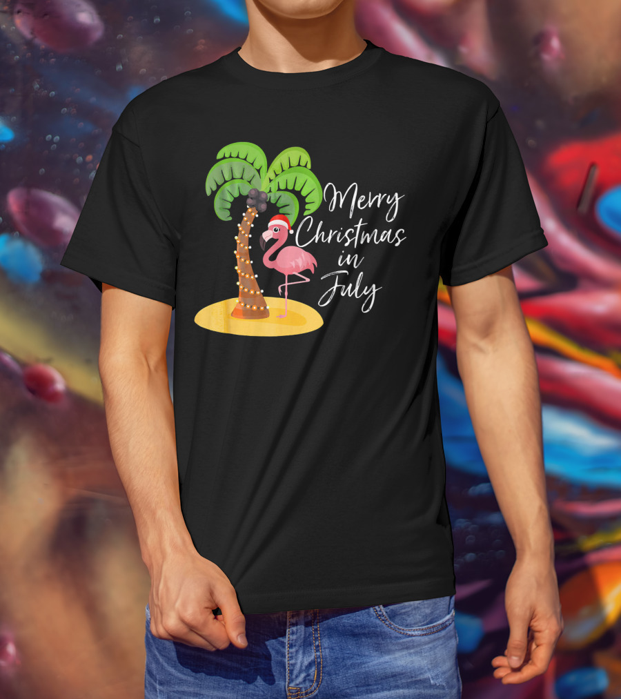 Merry Christmas In July Flamingo And Palm Tree T-Shirt