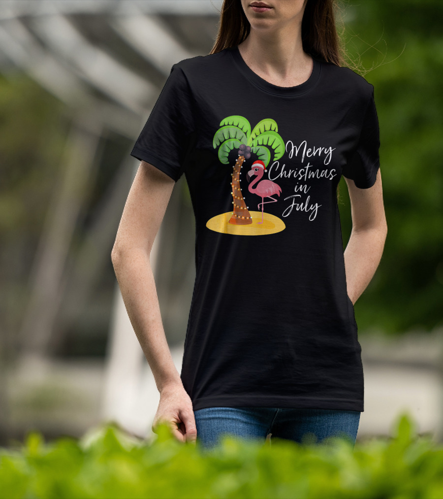 Merry Christmas In July Flamingo And Palm Tree T-Shirt
