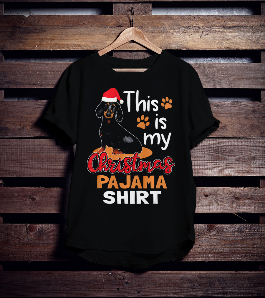 This Is My Christmas Pajama Shirt Dachshund Santa Hat Paw Prints T-Shirt