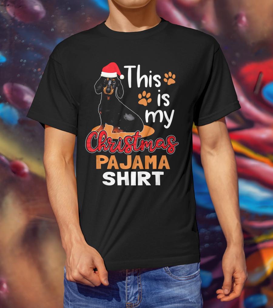 This Is My Christmas Pajama Shirt Dachshund Santa Hat Paw Prints T-Shirt