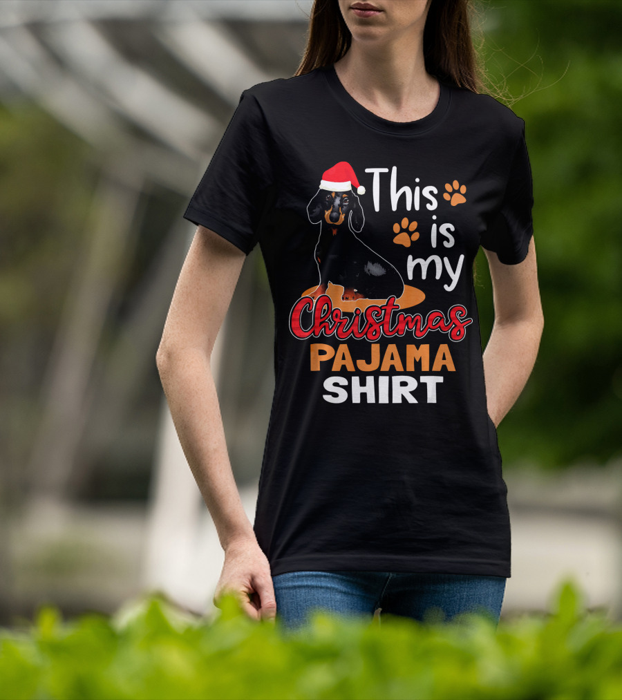This Is My Christmas Pajama Shirt Dachshund Santa Hat Paw Prints T-Shirt