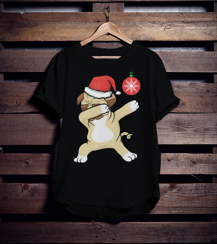 Christmas Pug Dabbing With Santa Hat And Red T-Shirt