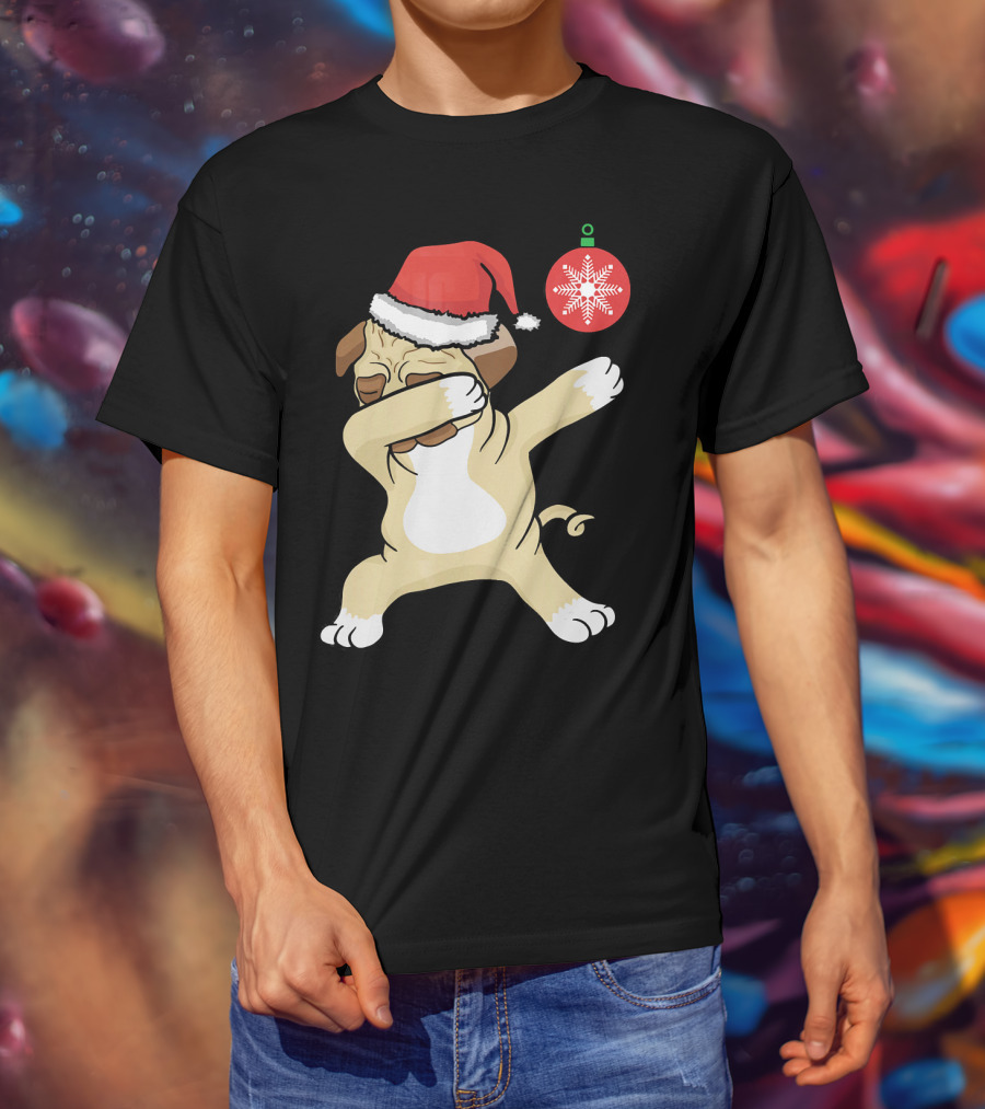 Christmas Pug Dabbing With Santa Hat And Red T-Shirt