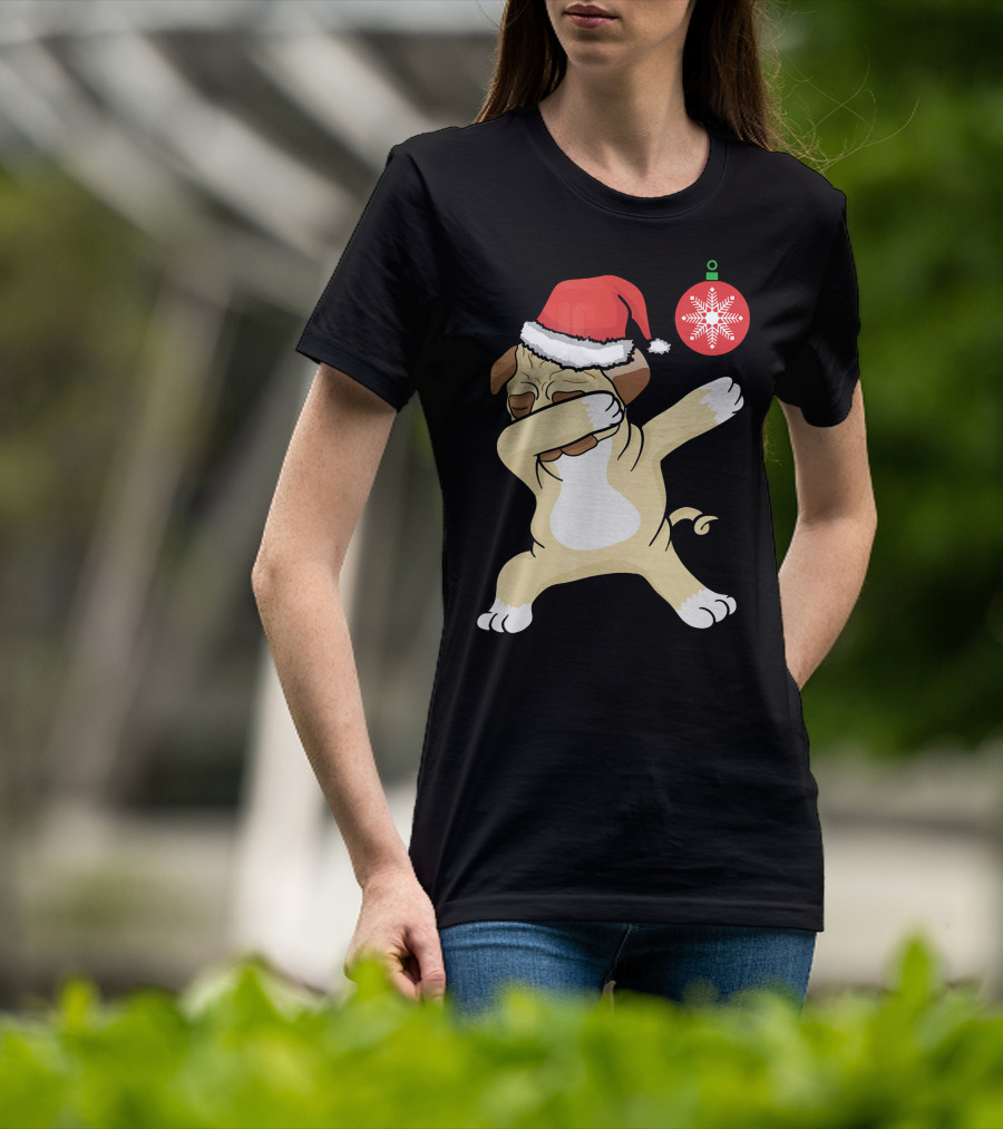 Christmas Pug Dabbing With Santa Hat And Red T-Shirt