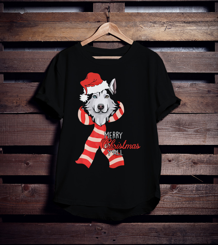 Merry Christmas Y'all Husky Dog In Santa Hat And Scarf T-Shirt