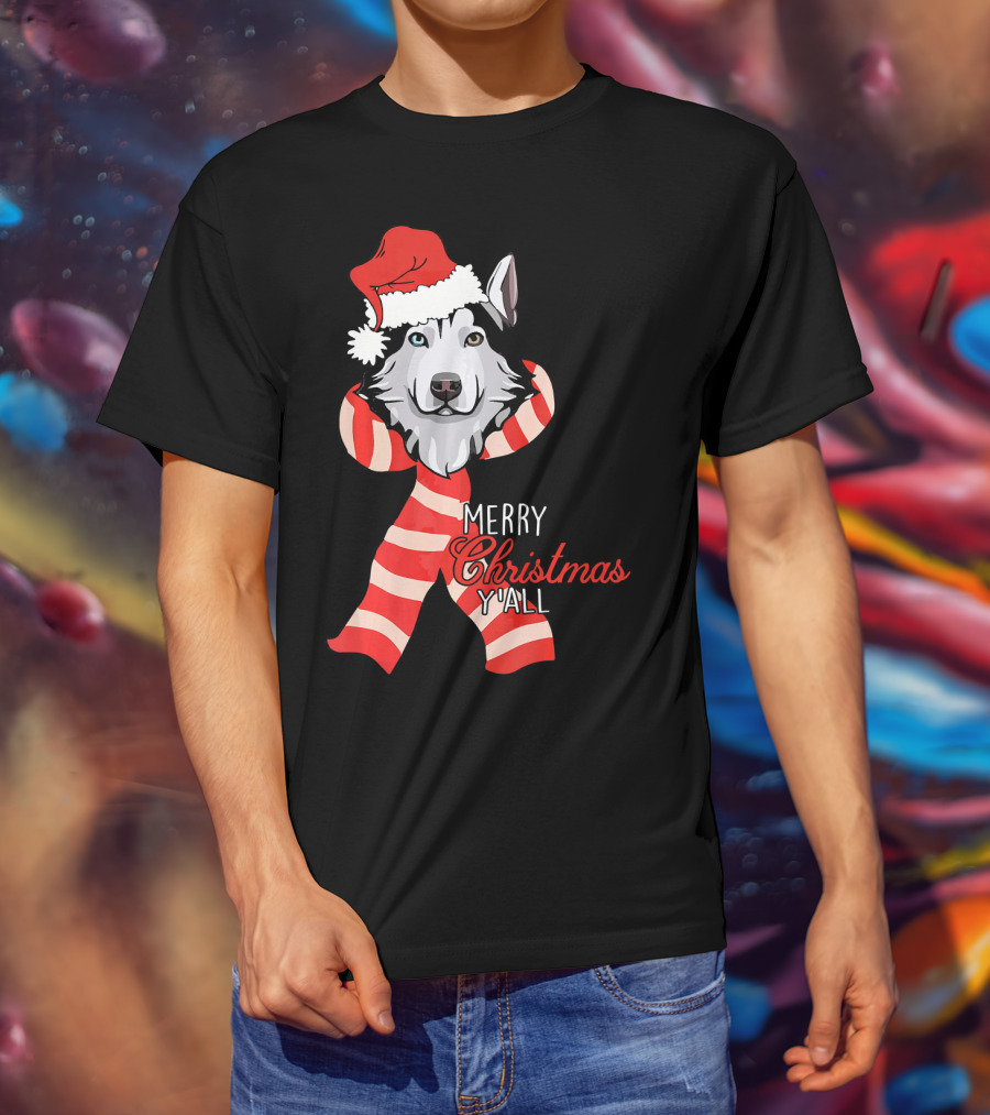 Merry Christmas Y'all Husky Dog In Santa Hat And Scarf T-Shirt