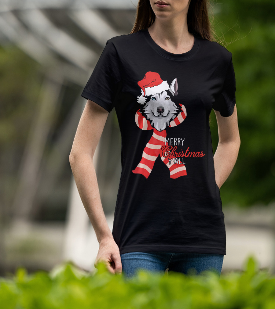 Merry Christmas Y'all Husky Dog In Santa Hat And Scarf T-Shirt