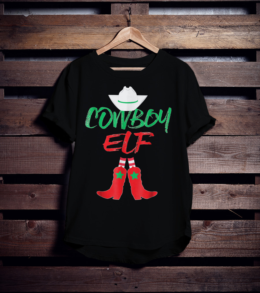 Cowboy Elf Christmas Hat Boots Men's Funny Holiday T-Shirt