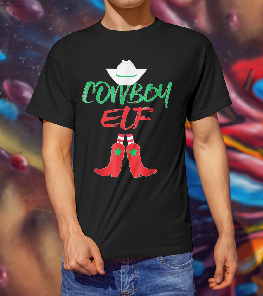Cowboy Elf Christmas Hat Boots Men's Funny Holiday T-Shirt