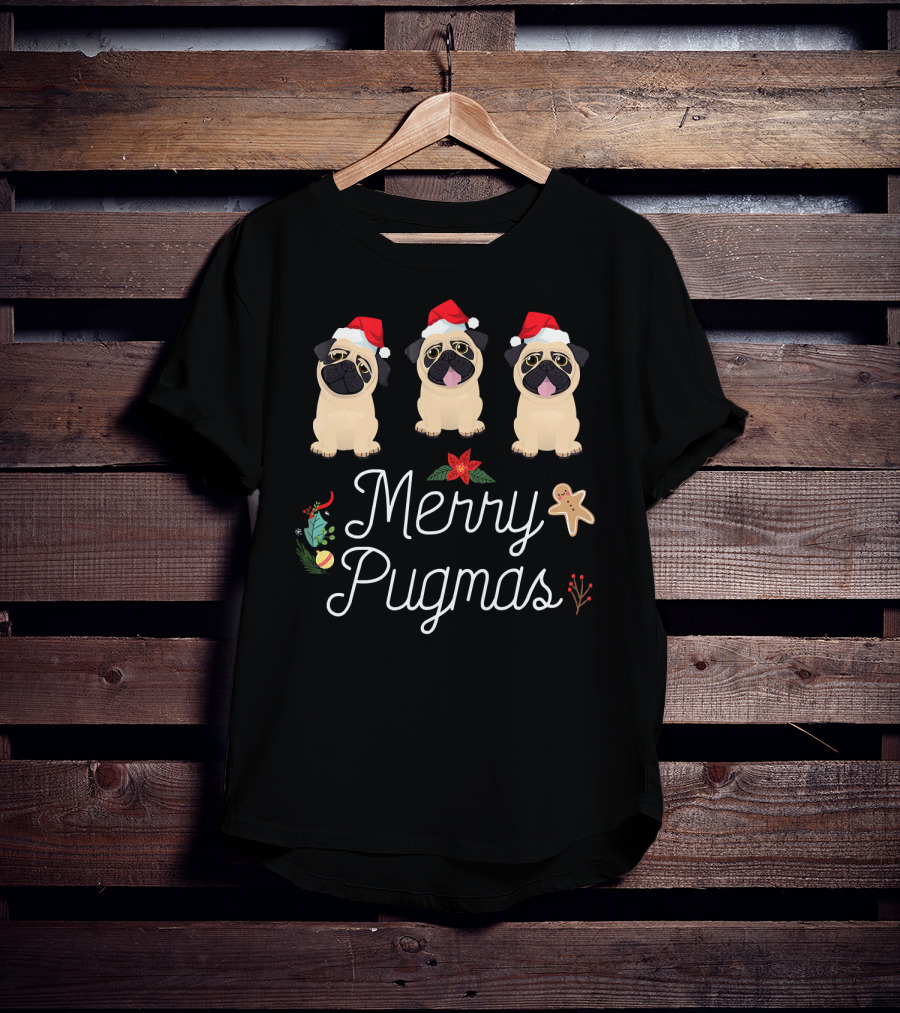 Merry Pugmas Christmas Pugs With Santa Hats And Holiday Decorations T-Shirt