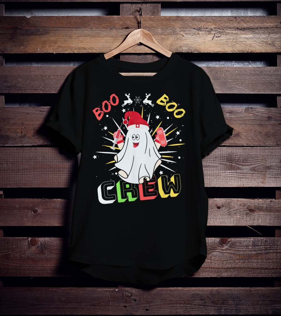 Boo Boo Crew Christmas Nurse Ghost With Bandages And Reindeer T-Shirt