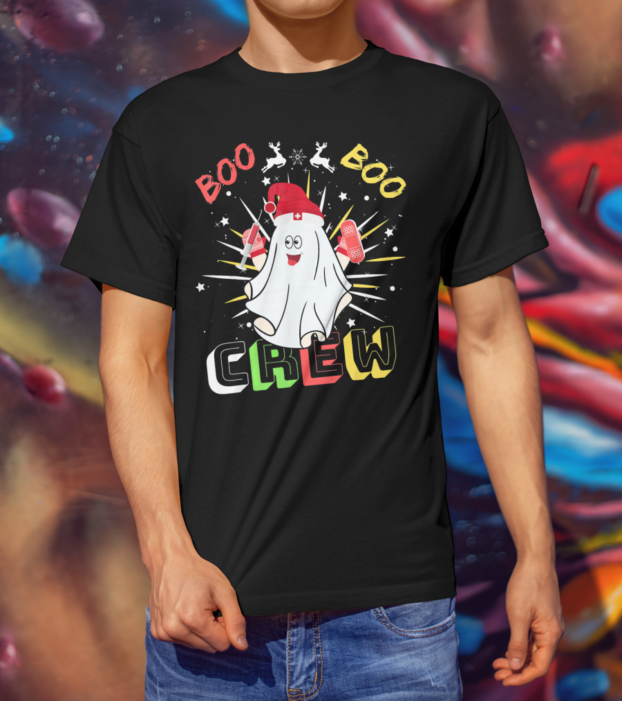 Boo Boo Crew Christmas Nurse Ghost With Bandages And Reindeer T-Shirt