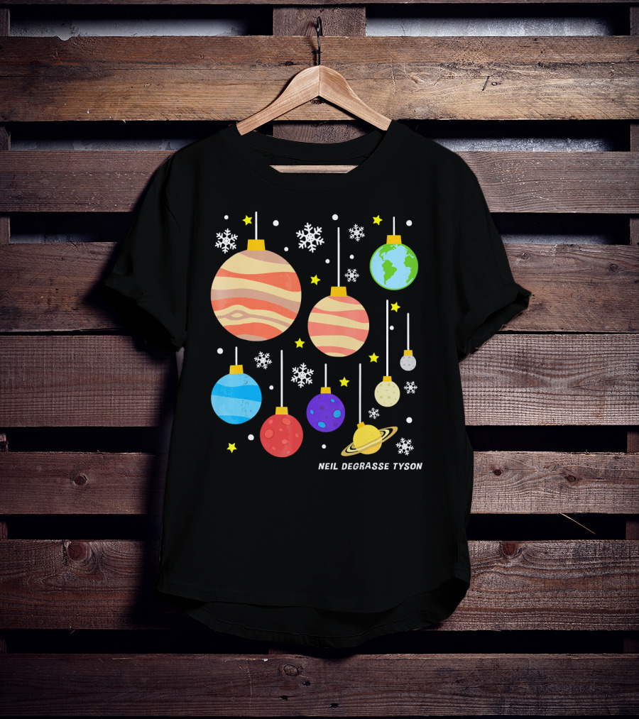 Neil DeGrasse Tyson Planets Hanging Ornaments Snowflakes Stars T-Shirt