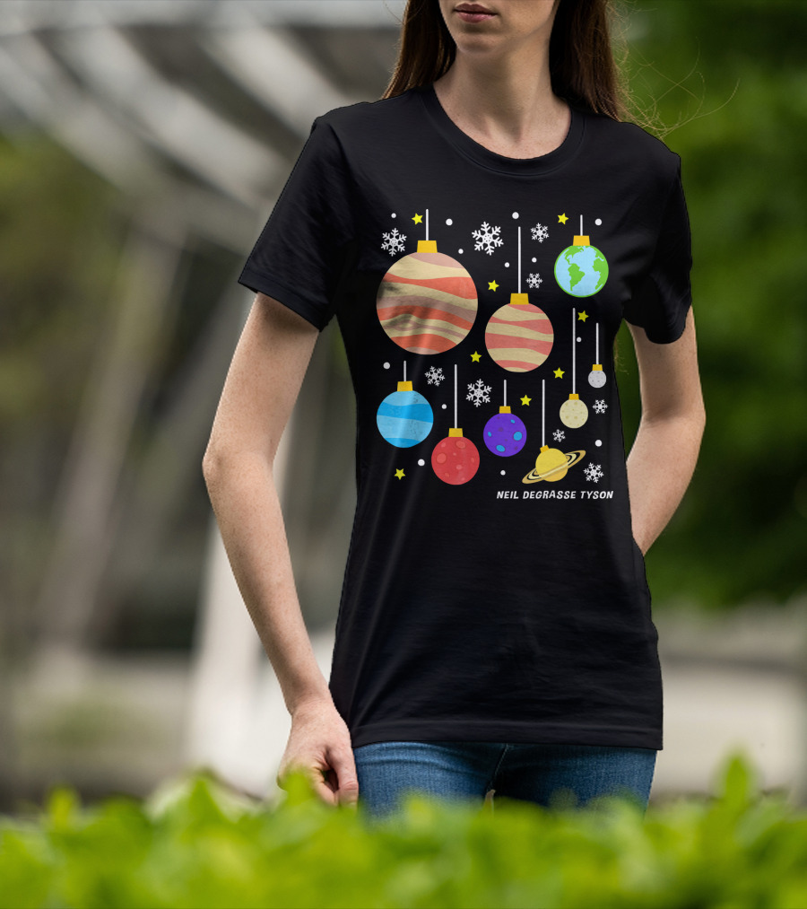 Neil DeGrasse Tyson Planets Hanging Ornaments Snowflakes Stars T-Shirt