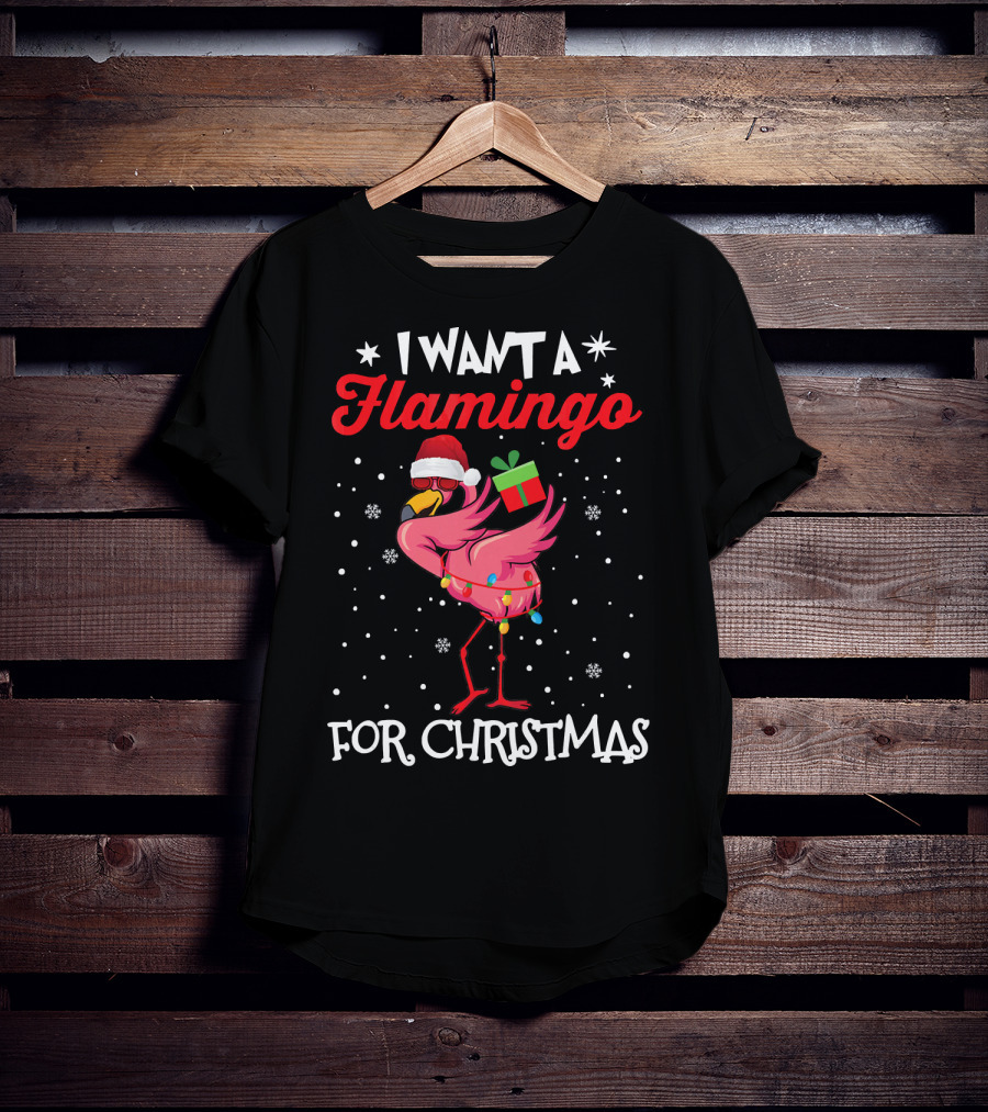 I Want A Flamingo For Christmas Santa Hat Lights Snowflakes Gift Box T-Shirt