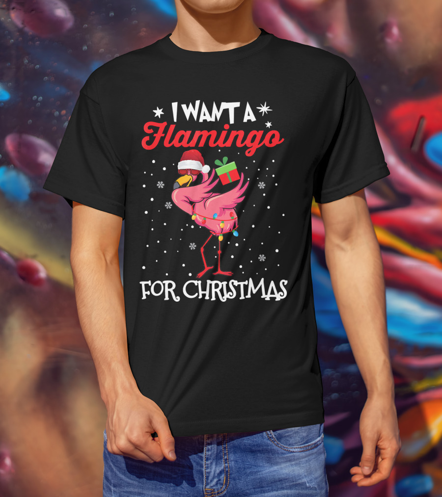 I Want A Flamingo For Christmas Santa Hat Lights Snowflakes Gift Box T-Shirt