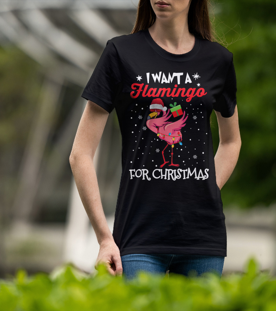 I Want A Flamingo For Christmas Santa Hat Lights Snowflakes Gift Box T-Shirt