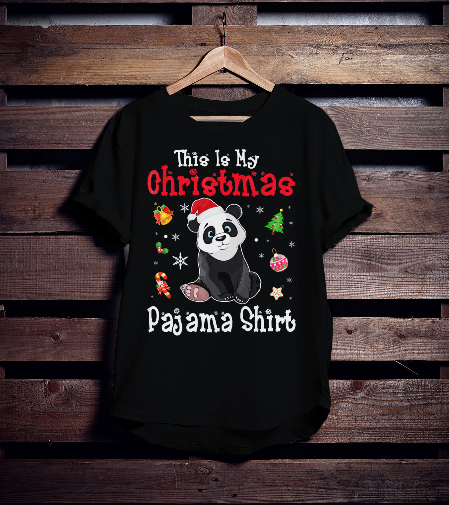 This Is My Christmas Pajama Shirt Panda Santa Hat Snowflakes Ornaments T-Shirt