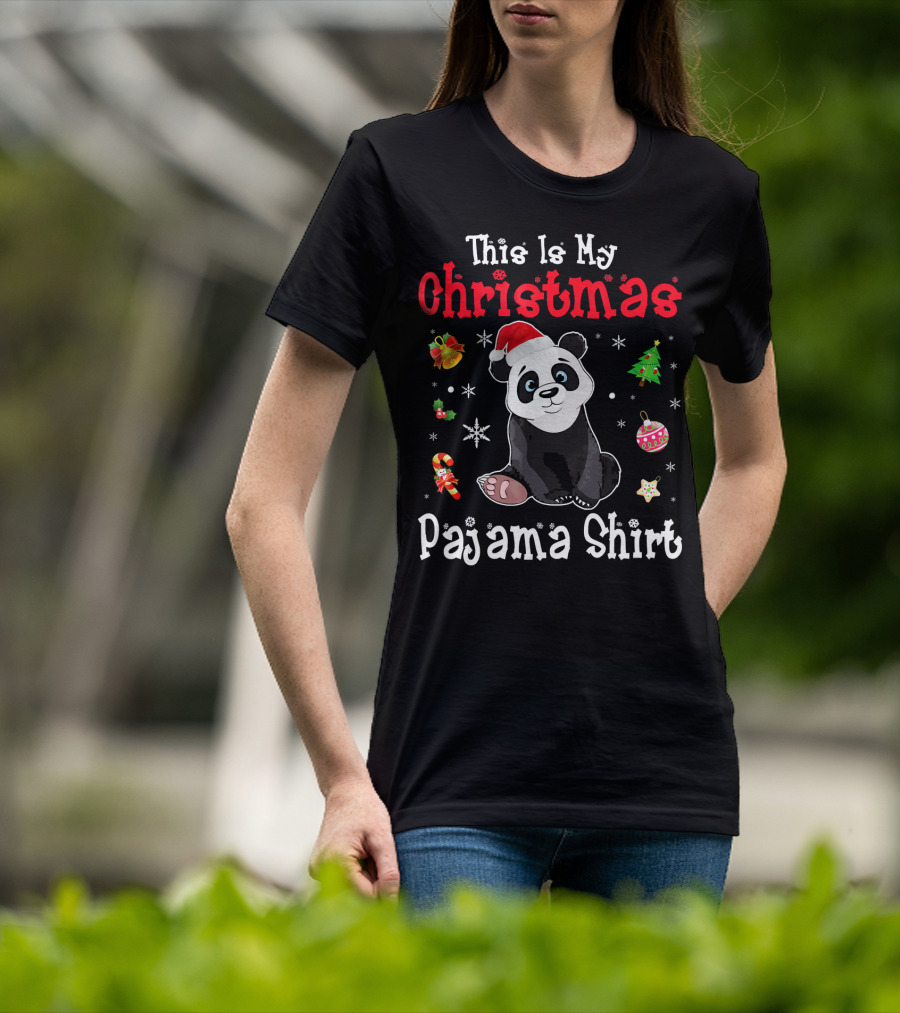 This Is My Christmas Pajama Shirt Panda Santa Hat Snowflakes Ornaments T-Shirt