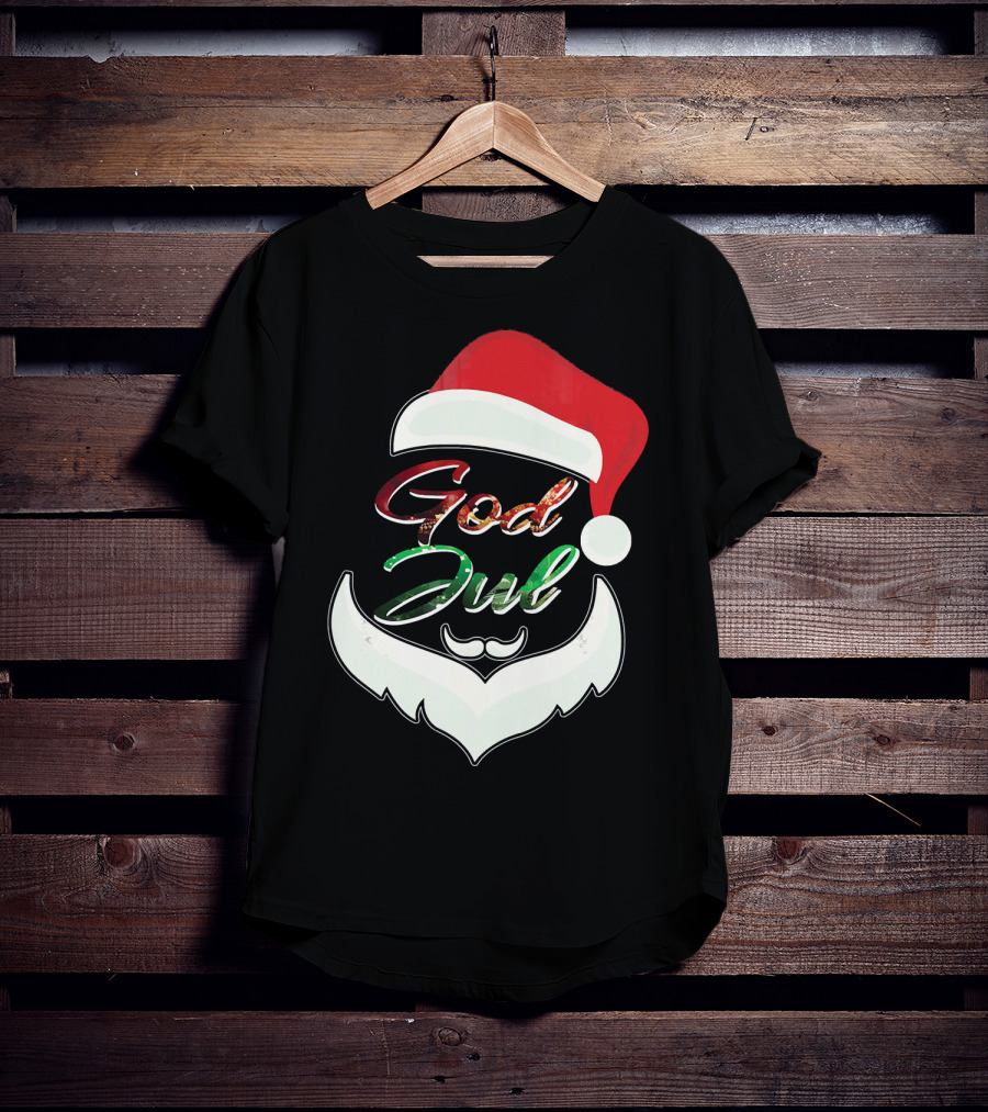 God Jul Norwegian Merry Christmas Santa Hat And Beard Design Norway T-Shirt