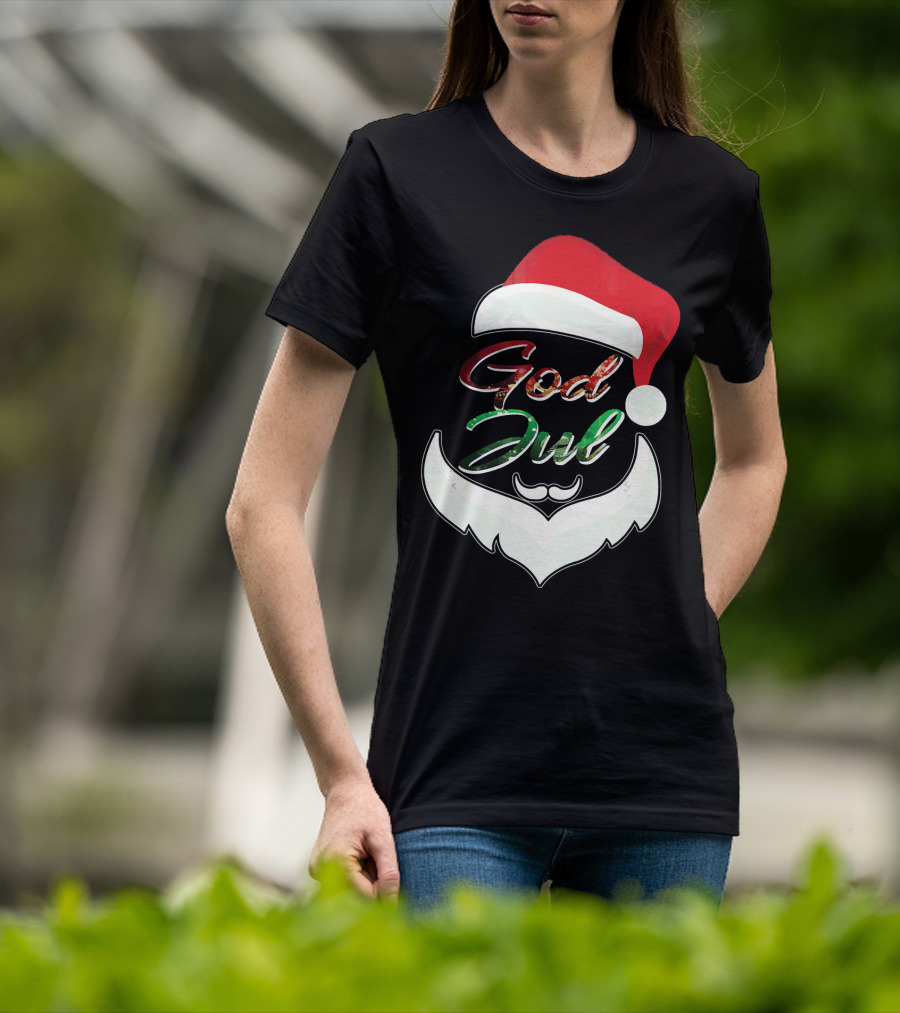 God Jul Norwegian Merry Christmas Santa Hat And Beard Design Norway T-Shirt