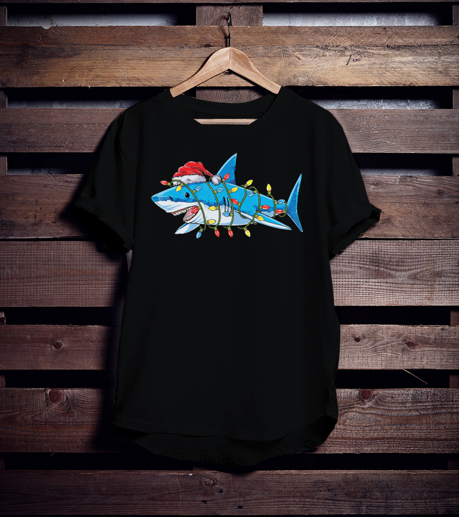 Christmas Shark With Santa Hat And Holiday Lights T-Shirt