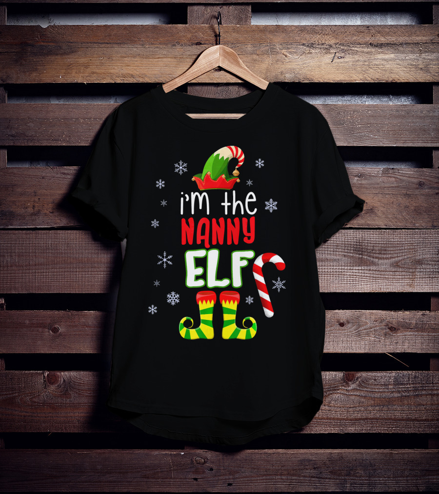 I'm The Nanny Elf Christmas Snowflakes Candy Cane Hat Boots T-Shirt