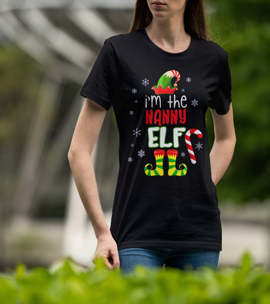 I'm The Nanny Elf Christmas Snowflakes Candy Cane Hat Boots T-Shirt