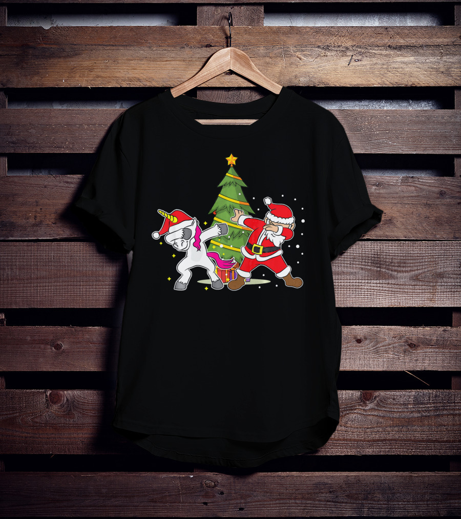 Dabbing Unicorn Xmas Christmas Santa Dance By Tree T-Shirt