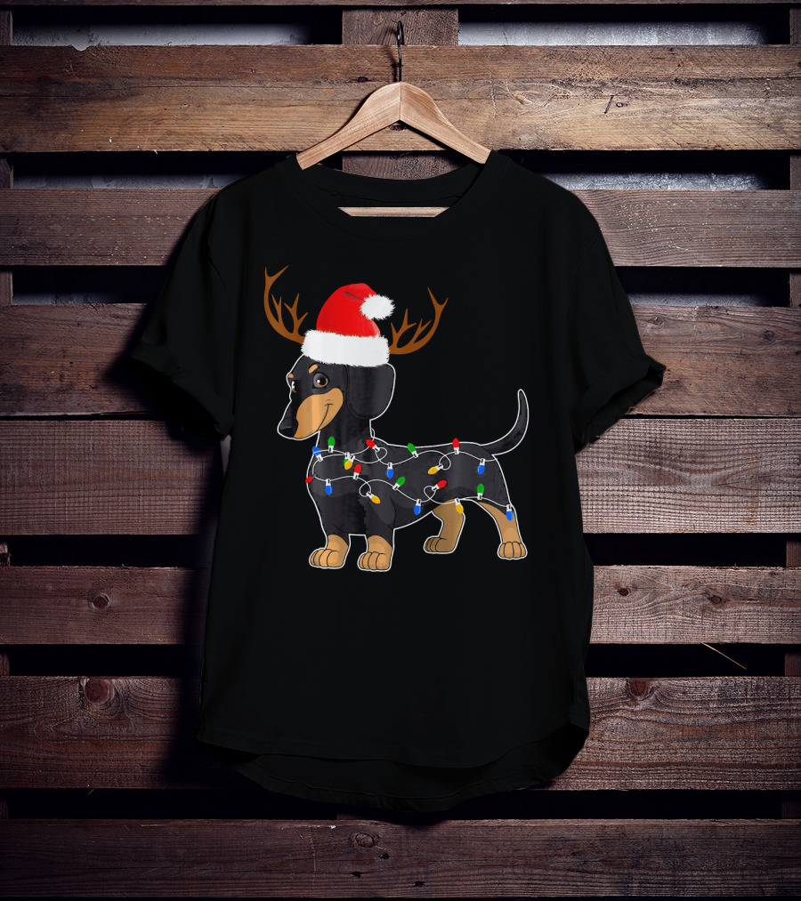 Dachshund Christmas Reindeer With Santa Hat And Holiday Lights T-Shirt