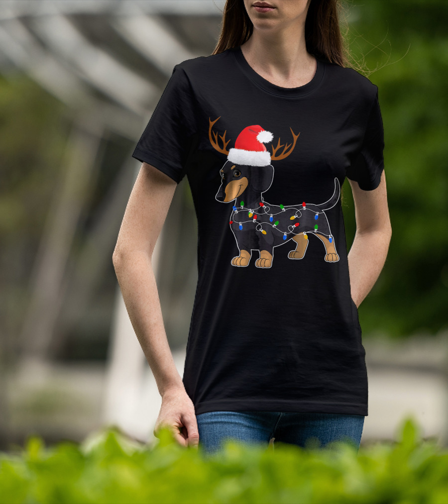 Dachshund Christmas Reindeer With Santa Hat And Holiday Lights T-Shirt