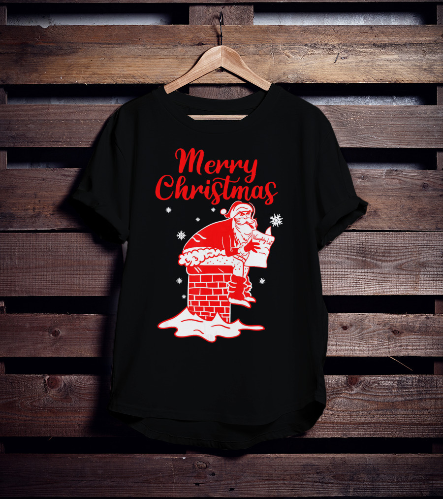 Merry Christmas Santa Pooping Naughty List Snowflakes Chimney T-Shirt