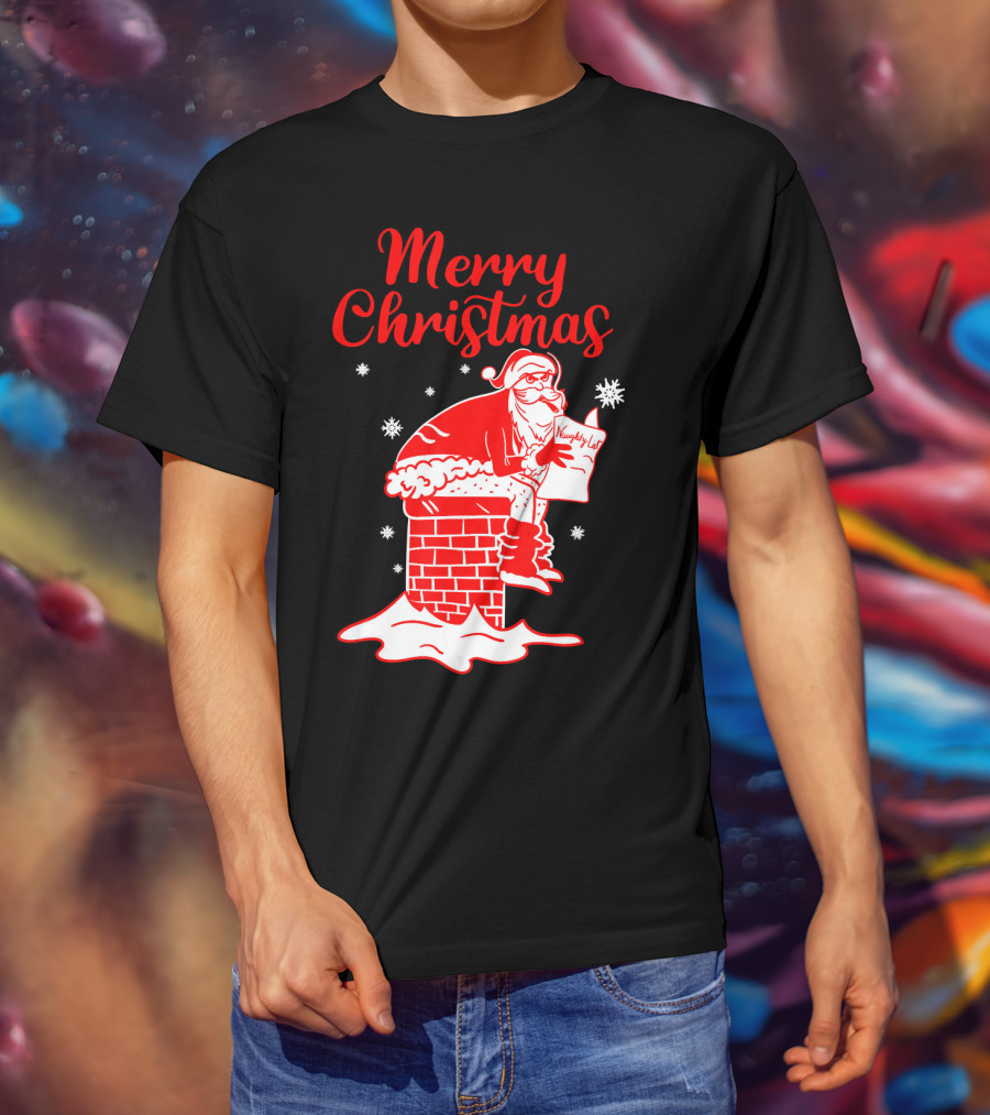 Merry Christmas Santa Pooping Naughty List Snowflakes Chimney T-Shirt